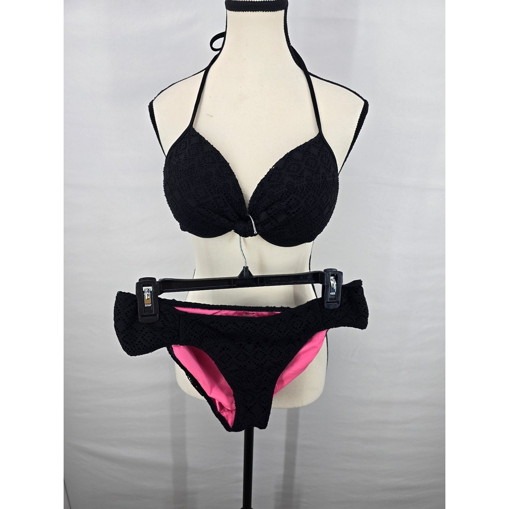 Pink Victoria's Secret Black Crochet Lace Halter Bikini Set Pink Lining Size‎ M